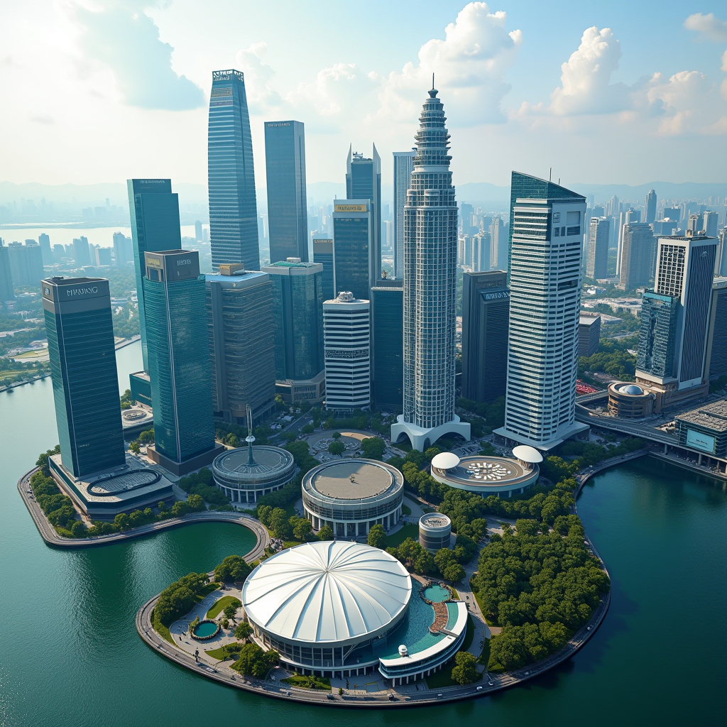 Aerial view of Singapore's central business district showcasing modern commercial skyscrapers, Marina Bay financial center, and corporate office towers representing the city's thriving business sector and commercial property landscape